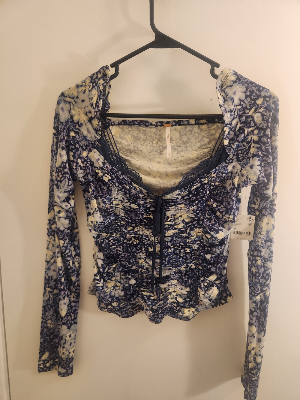 Free People Navy and Cream Floral Lace-Trim Ruched Long-Sleeve Top